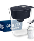Black filtration pitcher with filter beside a blue box labeled five-cup capacity, Soho Black Five Cup Filtration Pitcher For Small Spaces Ideal For Apartments And Dorm Rooms Compact Water Filter System Made In The USA Space Saving Design For Countertops And Fridges