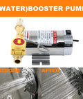 Boss Level Home Water Pressure Booster Pump 110V 90W 243GPH 15 PSI with Auto Flow Switch, brass head, before and after shower image