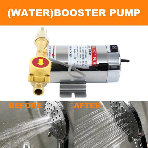 Boss Level Home Water Pressure Booster Pump 110V 90W 243GPH 15 PSI with Auto Flow Switch, brass head, before and after shower image