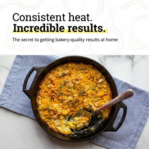 Baked dish in Seasoned Cast Iron Baker’s Skillet With Dual Handles Your Go-To Bakeware For Oven Ready Desserts Roasting And Everyday Cooking 10.25 Inch Heavy Duty Pan Built To Last And Create Even Heating For Perfect Bakes, served on striped cloth.