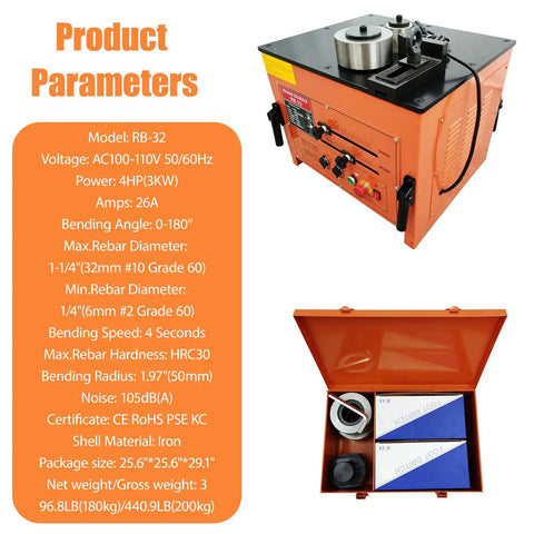 Plug And Play 110V Electric Rebar Bender Machine Handles Steel Bars 6mm To 32mm With Smooth 0 To 180 Degree Adjustment and robust design.