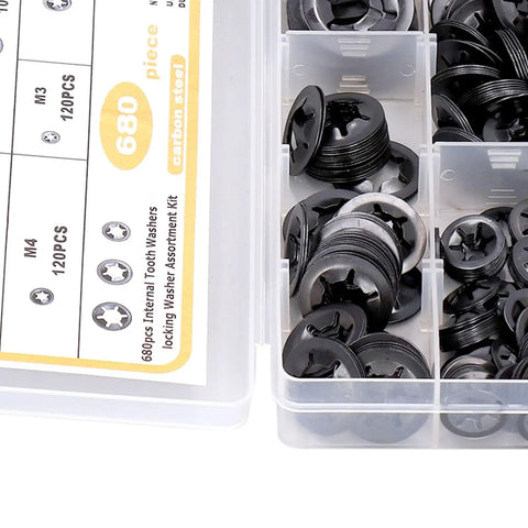 680 Piece Carbon Steel Locking Washers Assortment Kit Hella Rugged Shakeproof Internal Tooth Design in storage case.