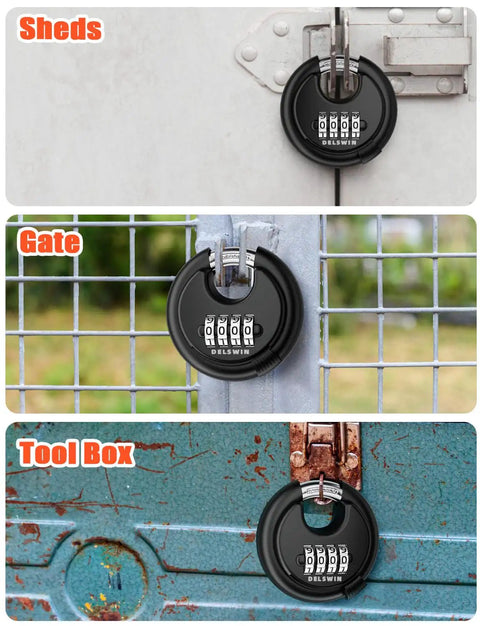4 Digit Disc Padlock With Hardened Steel Shackle for sheds, gate, tool box; weatherproof and tamper-resistant; black; 1 pack