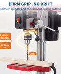 10 Inch Benchtop Drill Press With 5 Amp Variable Speed Motor And Led Light showcasing precision drilling with a firm grip on wood.