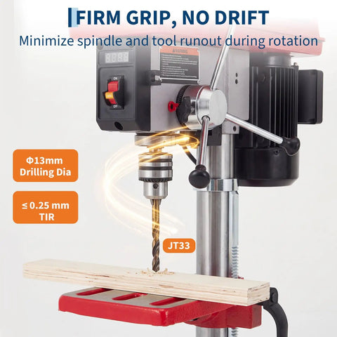 10 Inch Benchtop Drill Press With 5 Amp Variable Speed Motor And Led Light showcasing precision drilling with a firm grip on wood.
