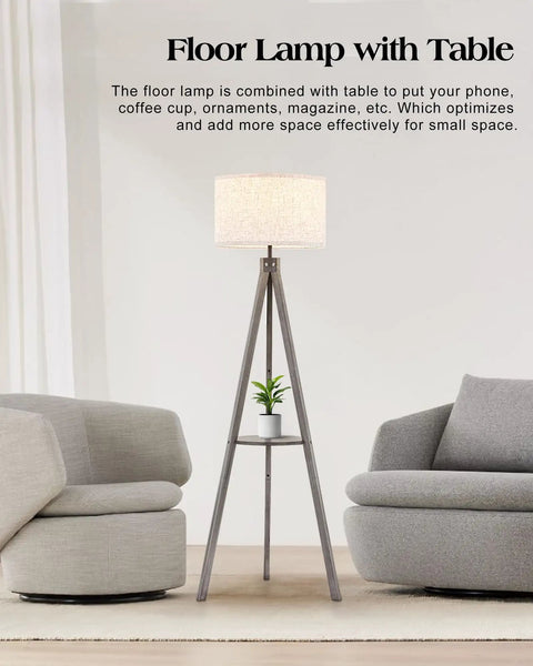Solid Wood Tripod Floor Lamp With Built In Table And Corner Shelf Mid Century Modern Reading Lamp With Drum Shade Tall Brown Floor Lamp For Living Room Bedroom Or Office LED Bulb Included