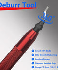 Pro Grade Deburring Tool With 360 Degree Swivel Head And 10 M35 Cobalt HSS Blades, ergonomic red aluminum handle close-up