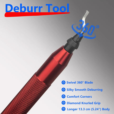 Pro Grade Deburring Tool With 360 Degree Swivel Head And 10 M35 Cobalt HSS Blades, ergonomic red aluminum handle close-up