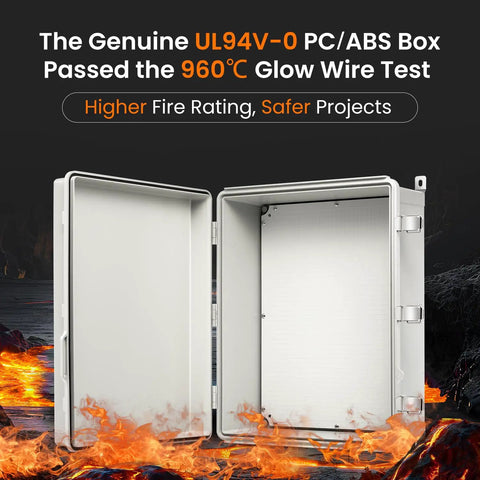 Open Rugged Outdoor Electrical Box Weatherproof IP66 Enclosure With Hinged Door against fiery backdrop