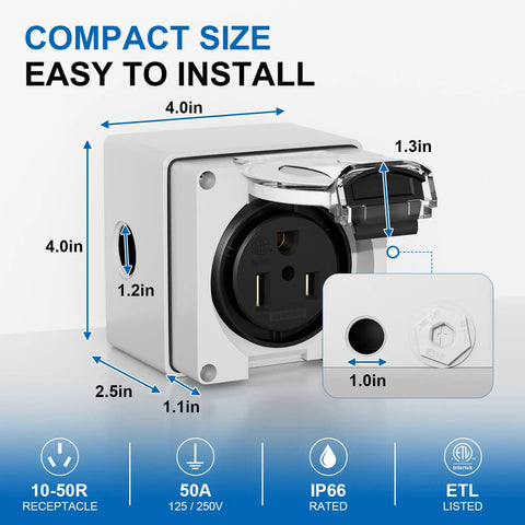 Pro Level Nema 10-50R Power Outlet Box 50 Amp 125-250V ETL Listed compact wall receptacle dimensions and features.