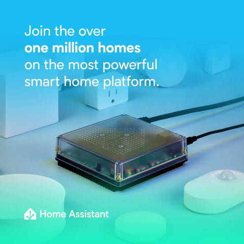 Green Smart Home Hub With Advanced Automation official hardware in clear casing, on blue background with smart gadgets.