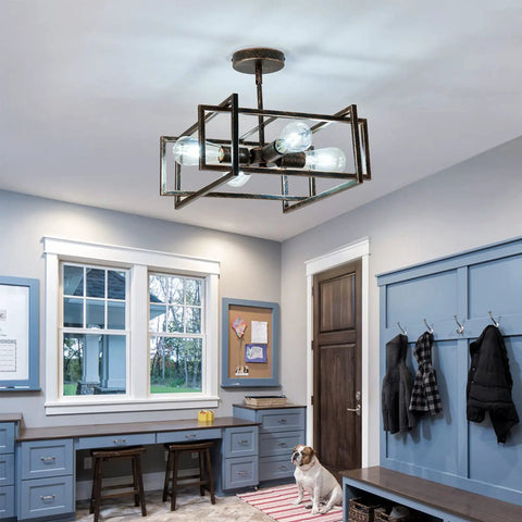 4 Light Close To Ceiling Bronze Industrial Flush Mount Chandelier Fixture For Kitchen Island Dining Room Bedroom Foyer Hallway Rustic Farmhouse Lighting With Vintage Vibe And E26 Bulb Compatibility in modern room setting