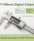 All-Metal Digital Caliper 0 To 4 Inches For DIY Home Projects And 3D Printing, showing digital screen and jaws, stainless steel body.
