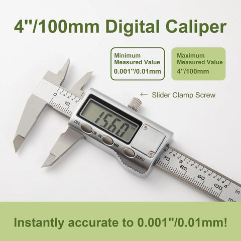 All-Metal Digital Caliper 0 To 4 Inches For DIY Home Projects And 3D Printing, showing digital screen and jaws, stainless steel body.