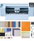 Level Up Your Side Hustle With This Slick 12 Inch Vinyl Cutting Machine, includes various tools and vinyl rolls for crafting.