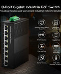 Industrial 8 Port Gigabit PoE Ethernet Switch With 16Gbps Switching Capacity 96W Power Supply DIN Rail Mount IEEE 802.3af or at Compliant No Fuss Plug And Play For Cameras APs And IP Phones image featuring device and specifications