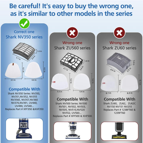 Comparison of filters for Navigator Lift Away vacuums, correct for NV350 series, wrong for ZU560 and ZU60 series