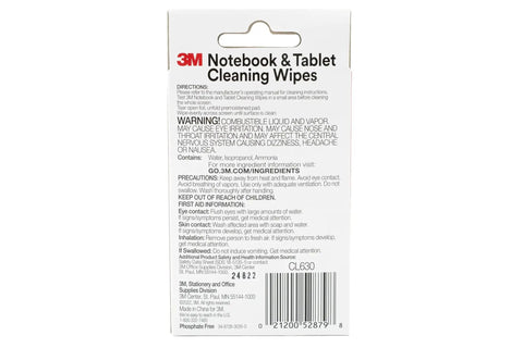 Back of Notebook Screen Cleaning Wipes For Electronics packaging with instructions and safety information