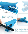 Blue plastic vacuum hose cutter shown from multiple angles; 6-piece automotive hose kit, accepts 1/8 to 3/8 in hoses.
