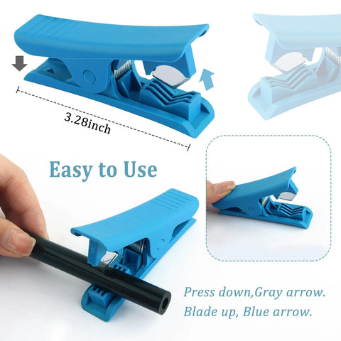 Blue plastic vacuum hose cutter shown from multiple angles; 6-piece automotive hose kit, accepts 1/8 to 3/8 in hoses.