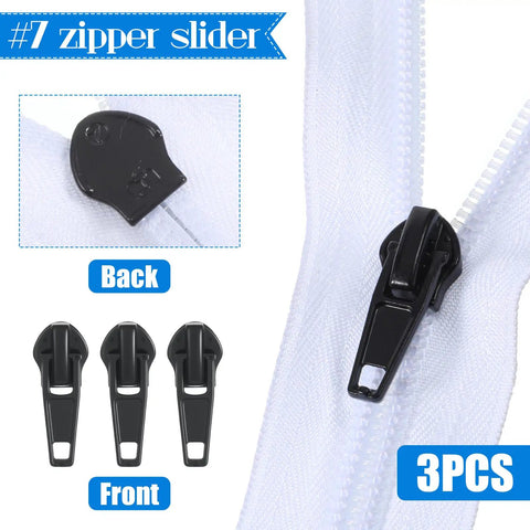 Zipper Repair Kit 62 Piece Metal Zipper Parts Retainer Box Zipper Pull Replacement Top Stop Bottom Stop shown with zipper sliders
