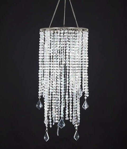 Two Tier Sparkling Iridescent Acrylic Beaded Hanging Chandelier Light Fixture For Weddings Prom Dance Floor Ready Decor Centerpieces And Party Decor W8.5 X H20 For Any Event And More, front view.