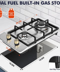 Portable Dual Fuel 2 Burner Gas Stove Cooktop 12 Inch Stainless Steel LPG NG Convertible with measurements and gas options shown