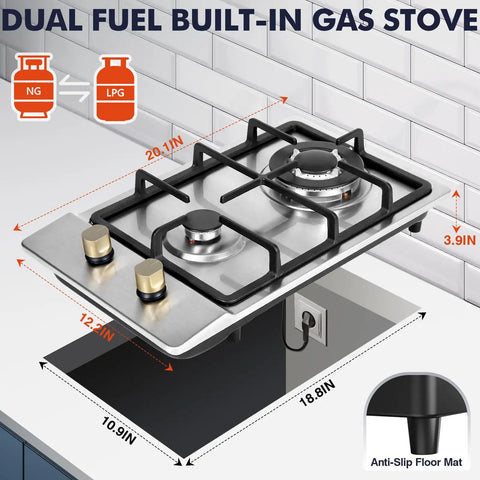 Portable Dual Fuel 2 Burner Gas Stove Cooktop 12 Inch Stainless Steel LPG NG Convertible with measurements and gas options shown