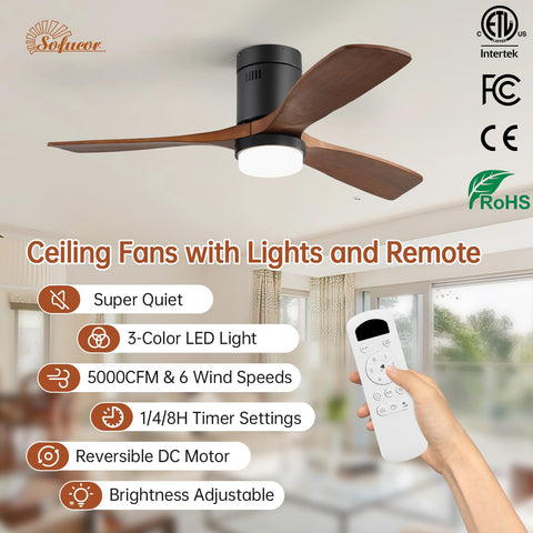 52 Inch Low Profile Ceiling Fan With Light In Walnut Dope 5000 CFM Airflow Whisper Quiet DC Motor Six Speeds Timer Reversible ETL Listed Modern Flush Mount Solid Wood Blades Great For Living Room And Bedroom with remote.