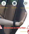 Close-up of Tailgate Mesh Screen for SUV and Minivan with warning icons and hand illustrating mosquito prevention features.