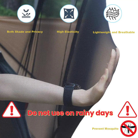 Close-up of Tailgate Mesh Screen for SUV and Minivan with warning icons and hand illustrating mosquito prevention features.