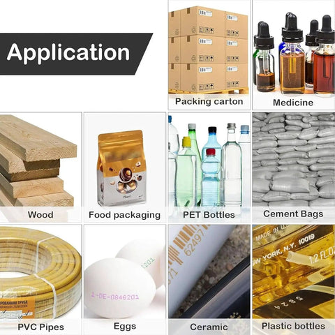 Various applications of High Speed Online Industrial Inkjet Batch Coder Machine for printing on wood, PVC pipes, food packaging.