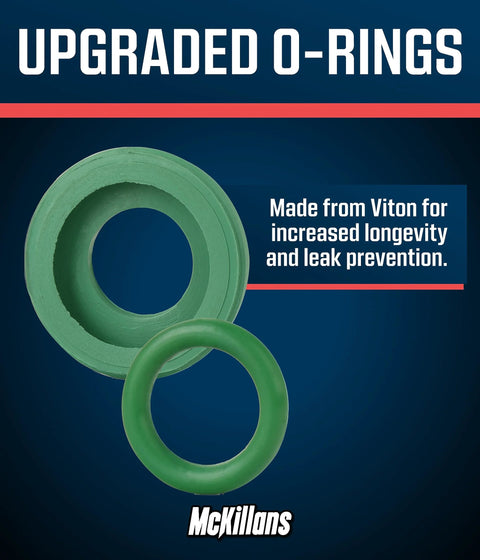 McKillans Viton O-ring set for pressure washers; green large and small rings, front view.