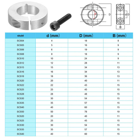 Diagram and chart for Beefed Up 12mm Bore Split Shaft Collar Set 28mm Outer Diameter 11mm Thick 4 Pack 45 Carbon Steel