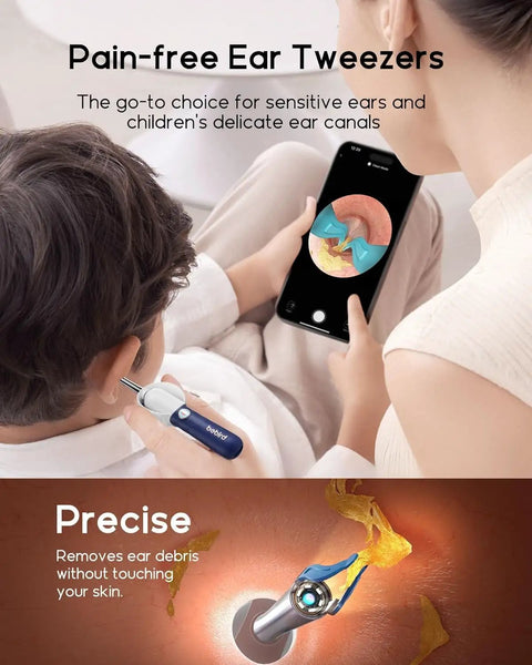 Earsight Plus D39R Ear Wax Removal Tool Camera Kit used by adult and child with phone display of ear canal; silicone tube lens visible.