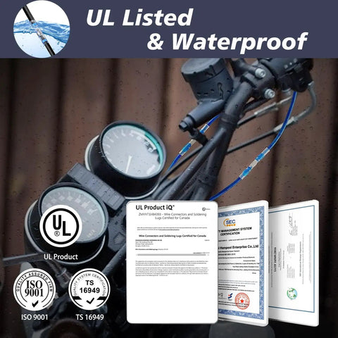 158 Piece Heat Shrink Solder Seal Wire Butt Connector Kit Marine Grade Waterproof Tubes For 12 10 AWG 16 14 AWG 22 18 AWG 26 24 AWG Auto Motorcycle Boat Wiring Solderstick installed on motorcycle handlebars with UL certification documents displayed.