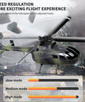 Green RC helicopter in flight with speed adjustment graphic overlay, focusing on Orange 4 Channel RC Helicopter With Single Propeller No Ailerons 6 Axis Gyro Stabilization Altitude Hold Dope Stability For Beginners And Adults Remote Control Toy For Outdoor Fly Fun.
