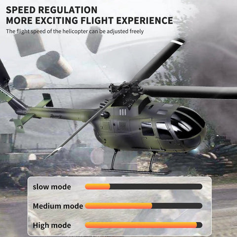 Green RC helicopter in flight with speed adjustment graphic overlay, focusing on Orange 4 Channel RC Helicopter With Single Propeller No Ailerons 6 Axis Gyro Stabilization Altitude Hold Dope Stability For Beginners And Adults Remote Control Toy For Outdoor Fly Fun.