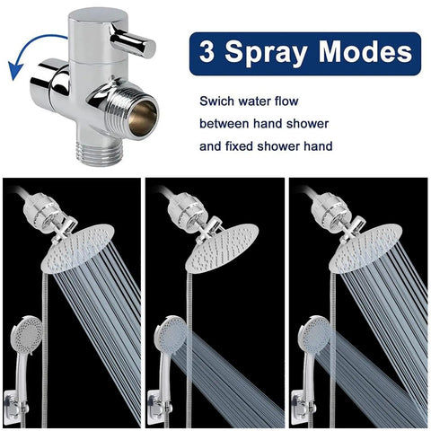 Three spray modes of high pressure 8 inch round rain shower head with 5 settings handheld shower filter combo chrome finish