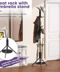 Freestanding Coat Rack With 12 Hooks And Umbrella Holder For Entryway Or Hallway Sturdy Metal Tree Stand In Black displayed in hallway