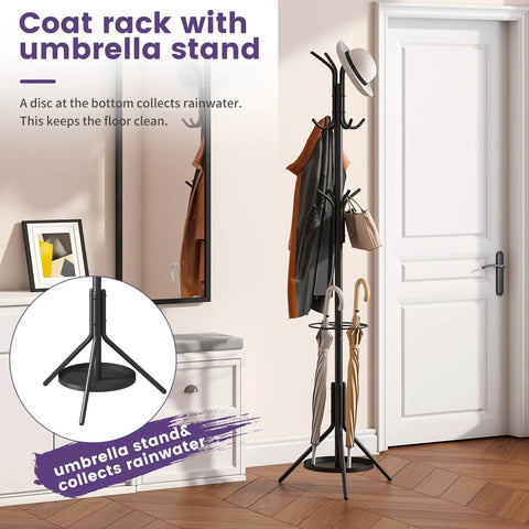 Freestanding Coat Rack With 12 Hooks And Umbrella Holder For Entryway Or Hallway Sturdy Metal Tree Stand In Black displayed in hallway