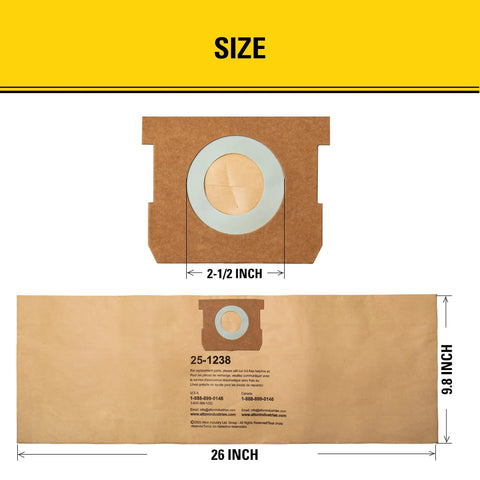 Three Pack AT25 1238 Dust Bags For 4 Gallon Wet Dry Vacuums OEM Grade Replacement Filter Bags Compatible With Porter Cable PCX18301 4B And Stanley SL18301 3B showing dimensions