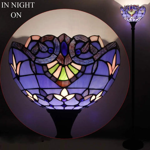 Dope Tiffany Style Floor Lamp With Blue Purple Baroque Stained Glass 71 Inch Tall Torchiere Pole Light 12 Inch Shade lit at night