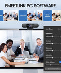 Emeetlink PC software interface showcasing features for Plug And Play 1080P HD Webcam Packs Dual Noise Killing Mics And Wide Angle Lens.