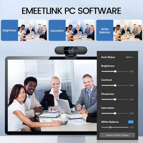 Emeetlink PC software interface showcasing features for Plug And Play 1080P HD Webcam Packs Dual Noise Killing Mics And Wide Angle Lens.