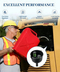 Man wearing a hardhat using a Heavy Duty Universal Fuel Filter Funnel With Tough Mesh Screen 12 Gpm Gas Diesel Water Separator.