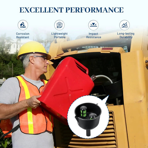Man wearing a hardhat using a Heavy Duty Universal Fuel Filter Funnel With Tough Mesh Screen 12 Gpm Gas Diesel Water Separator.