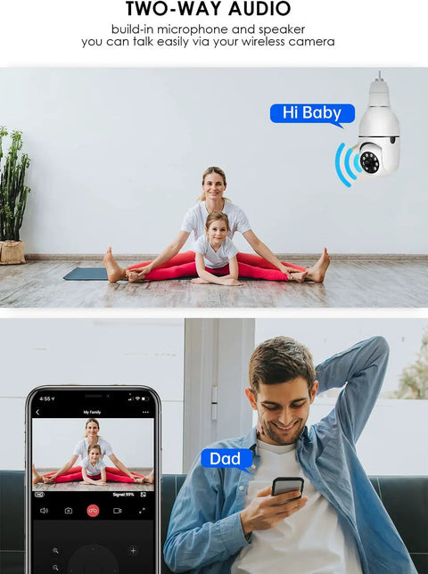 Outdoor WiFi Lightbulb Security Camera With 360 Degree View And 2.4G WiFi HD Night Vision shows a mother and child stretching