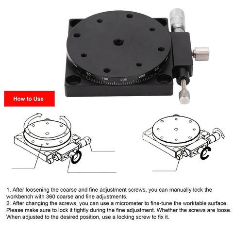 RS60 L Manual Rotary Stage R Axis Platform With 2.36 Inch Table Diameter Aluminum Alloy Precision Sliding Table shown with usage instructions