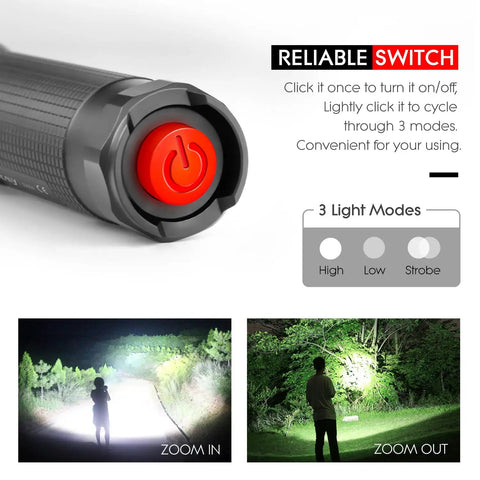 Beast Bright LED Flashlight S3000 1600 Lumen High Powered Pocket Light with zoomable beam and switch, highlighting modes